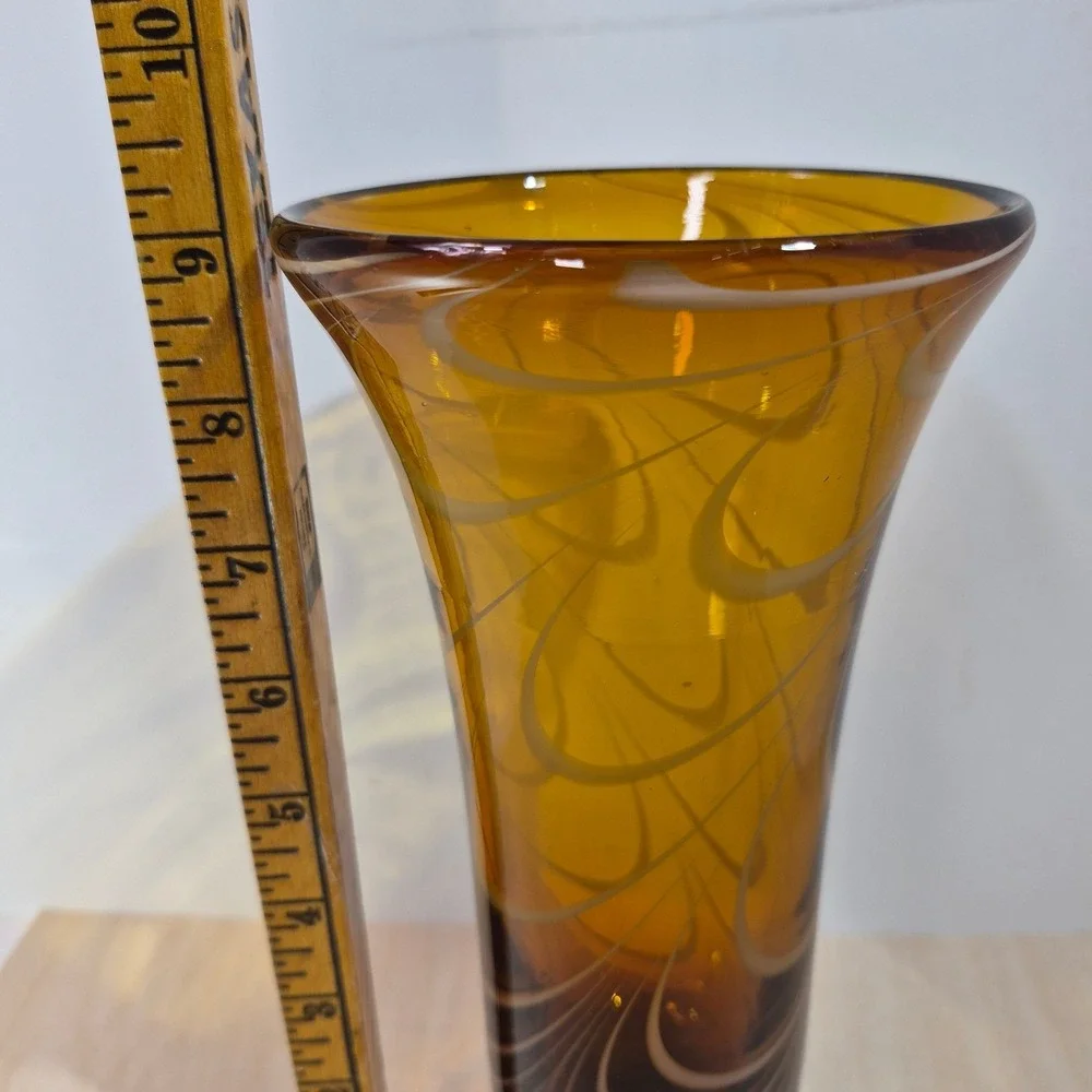 Vintage Amber Art Glass Vase White‎ Swirl Pulled Feather Trumpet Vase 9.5 inch